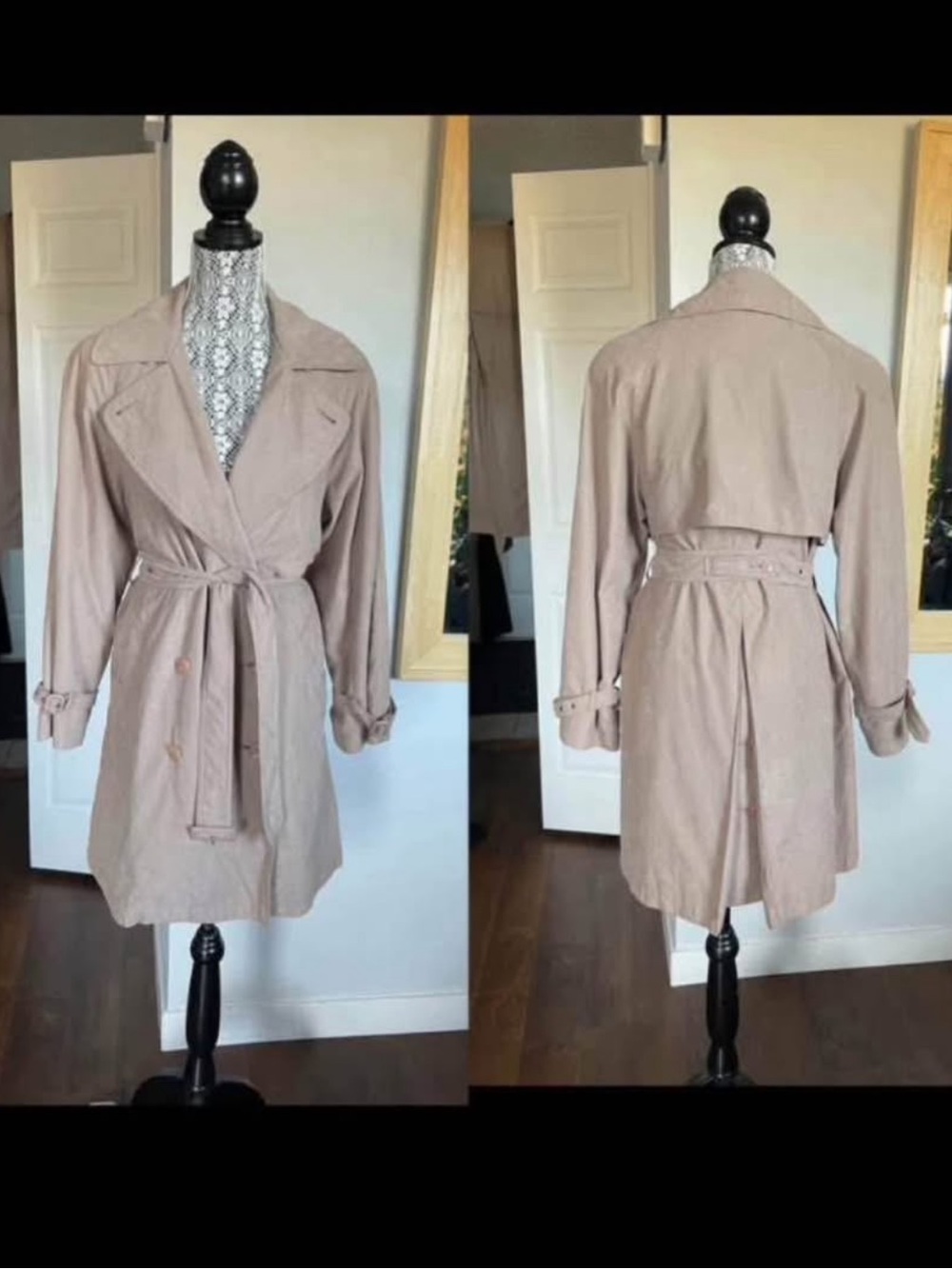 Vintage Double Breasted Belted Trench Coat Jacket Waterproof. Like Suede. Large